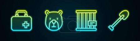 Illustration for Set line First aid kit, Bear head, Animal cage and Shovel. Glowing neon icon. Vector - Royalty Free Image