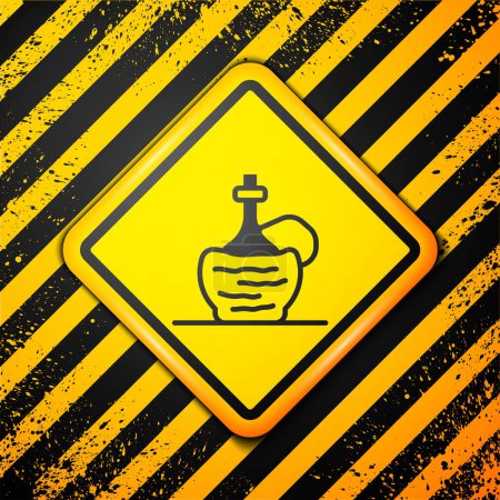 Illustration for Black Wine in italian fiasco bottle icon isolated on yellow background. Wine bottle in a rattan stand. Warning sign. Vector - Royalty Free Image