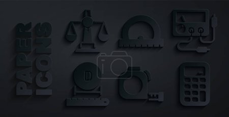 Illustration for Set Roulette construction, Multimeter, voltmeter, Diameter, Calculator, Protractor and Scales of justice icon. Vector - Royalty Free Image