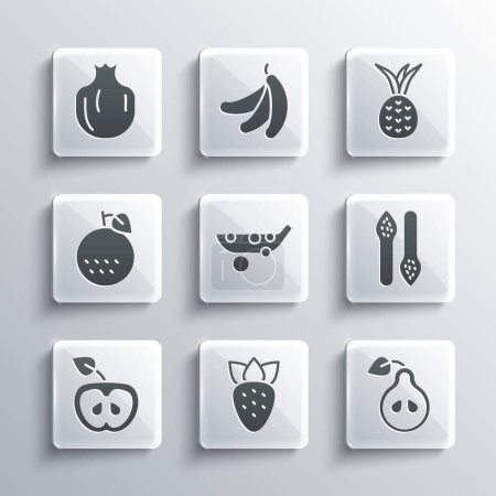Illustration for Set Strawberry, Pear, Asparagus, Peas, Apple, Orange fruit, Pomegranate and Pineapple icon. Vector - Royalty Free Image