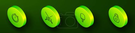 Illustration for Set Isometric line Stopwatch, Fencing, Racket for playing table tennis and Kettlebell icon. Vector - Royalty Free Image