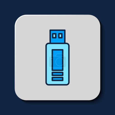 Téléchargez les illustrations : Contour rempli icône clé USB isolé sur fond bleu. Vecteur - en licence libre de droit