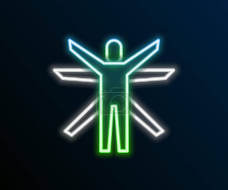 Illustration for Glowing neon line Vitruvian Man by Leonardo Da Vinci icon isolated on black background. Human anatomy. Colorful outline concept. Vector - Royalty Free Image