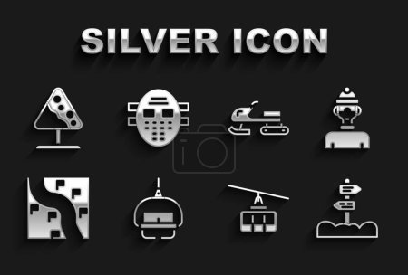 Illustration for Set Ski lift, Winter athlete, Road traffic signpost, Cable car, Route location, Snowmobile, avalanches and Hockey mask icon. Vector - Royalty Free Image