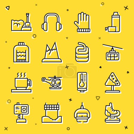 Illustration for Set line Skates, Road sign avalanches, Cable car, Christmas mitten, Mountains, sweater, Shovel snowdrift and Stone for curling icon. Vector - Royalty Free Image