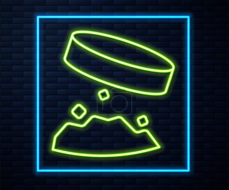 Illustration for Glowing neon line Giant magnet holding iron dust icon isolated on brick wall background.  Vector - Royalty Free Image