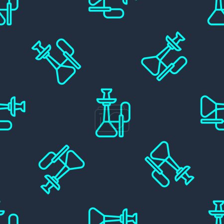Illustration for Green line Hookah icon isolated seamless pattern on blue background.  Vector - Royalty Free Image
