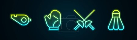 Illustration for Set line Whistle, Baseball glove, Fencing and Badminton shuttlecock. Glowing neon icon. Vector - Royalty Free Image