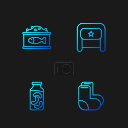 Illustration for Set line Valenki, Pickled cucumbers in jar, Tin can with caviar and Ushanka. Gradient color icons. Vector - Royalty Free Image