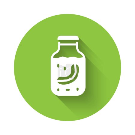 White Sea cucumber in jar icon isolated with long shadow. Marine food. Green circle button. Vector.