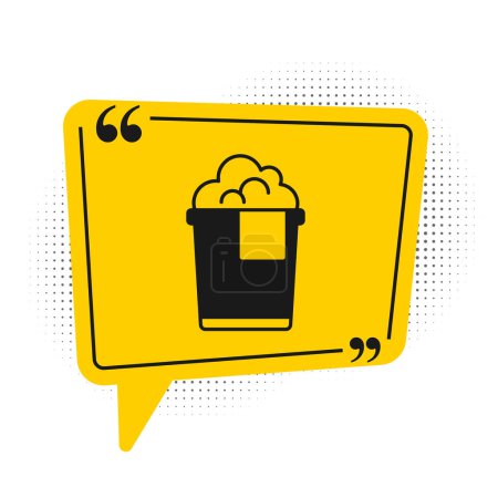 Black Bucket with foam and bubbles icon isolated on white background. Cleaning service concept. Yellow speech bubble symbol. Vector