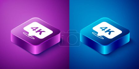 Isometric 4k Ultra HD icon isolated on blue and purple background. Square button. Vector