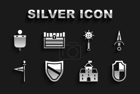 Set Shield, Dagger, Castle, fortress, Medieval flag, chained mace ball,  and Antique treasure chest icon. Vector