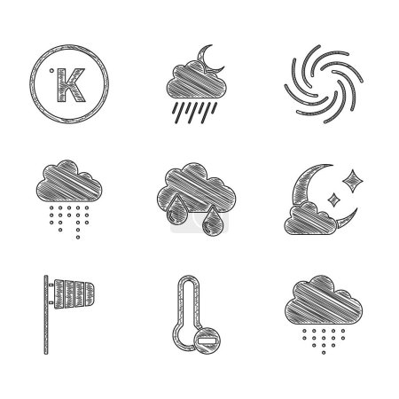 Set Wolke mit Regen, Meteorologie-Thermometer, Mond, Zylinderwindfahne, Tornado und Kelvin-Symbol. Vektor