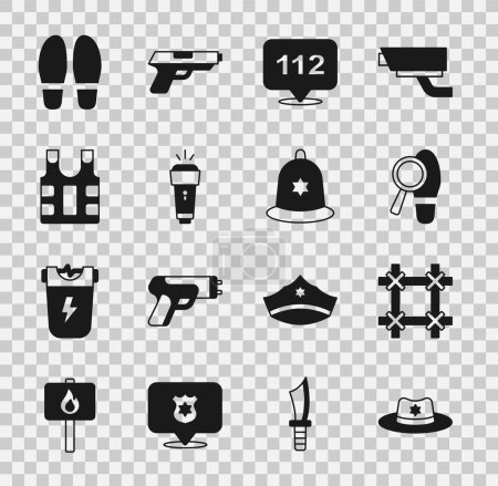 Set Sheriff hat with badge, Prison window, Footsteps, Telephone call 112, Flashlight, Bulletproof vest,  and British police helmet icon. Vector