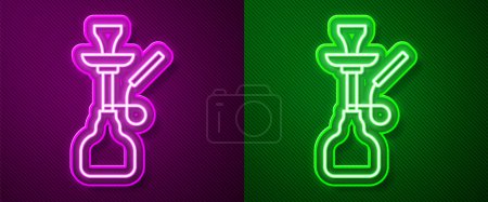 Illustration for Glowing neon line Hookah icon isolated on purple and green background.  Vector - Royalty Free Image