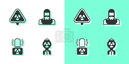 Set Nuclear bomb, Triangle with radiation, Radioactive warning lamp and reactor worker icon. Vector
