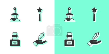 Set Magic stone, Sword in the, Bottle with potion and wand icon. Vector