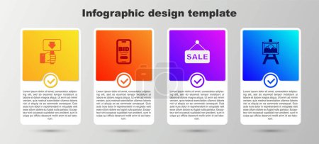 Set Hand holding auction paddle, Online, Price tag with Sale and Auction painting. Business infographic template. Vector