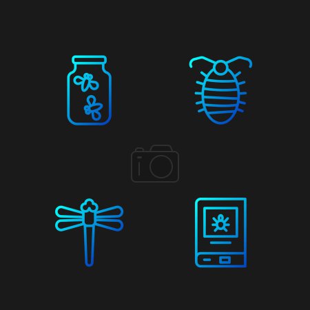 Set line Book about insect, Dragonfly, Fireflies bugs jar and Larva. Gradient color icons. Vector