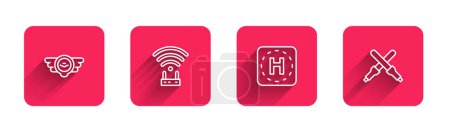 Illustration for Set line Aviation emblem, Router and wi-fi signal, Helicopter landing pad and Marshalling wands with long shadow. Red square button. Vector - Royalty Free Image