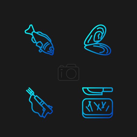 Ilustración de Set line Tabla de cortar y cuchillo, arpón de pesca y mejillón. Iconos de color degradado. Vector - Imagen libre de derechos