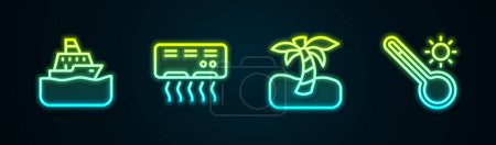 Illustration for Set line Cruise ship, Air conditioner, Tropical palm tree and Meteorology thermometer. Glowing neon icon. Vector - Royalty Free Image