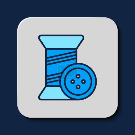 Illustration for Filled outline Sewing thread on spool and button icon isolated on blue background. Yarn spool. Thread bobbin.  Vector - Royalty Free Image