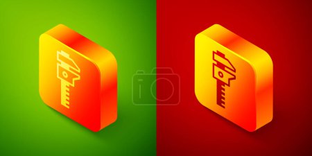 Illustration for Isometric Calliper or caliper and scale icon isolated on green and red background. Precision measuring tools. Square button. Vector. - Royalty Free Image