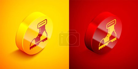 Illustration for Isometric Waterproof rubber boot icon isolated on orange and red background. Gumboots for rainy weather, fishing, gardening. Circle button. Vector. - Royalty Free Image