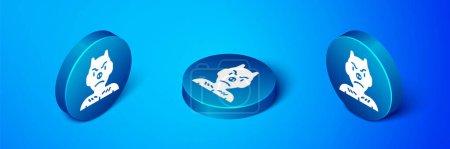 Isometric Krampus, heck icon isolated on blue background. Horned devil. Traditional Christmas devil. Happy Halloween party. Blue circle button. Vector.