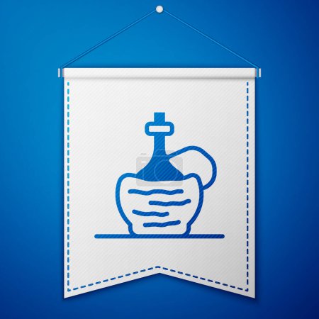 Illustration for Blue Wine in italian fiasco bottle icon isolated on blue background. Wine bottle in a rattan stand. White pennant template. Vector - Royalty Free Image