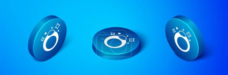 Isometric Fantasy magic stone ring with gem icon isolated on blue background. Blue circle button. Vector