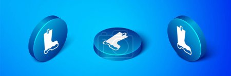 Isometric Waterproof rubber boot icon isolated on blue background. Gumboots for rainy weather, fishing, gardening. Blue circle button. Vector