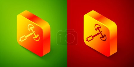Isometric Medieval poleaxe icon isolated on green and red background. Square button. Vector