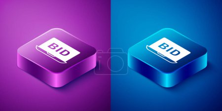 Isometric Online auction icon isolated on blue and purple background. Bid sign. Auction bidding. Sale and buyers. Square button. Vector