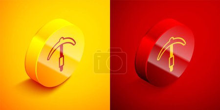 Isometric Pickaxe icon isolated on orange and red background. Circle button. Vector
