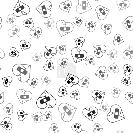 Black Healed broken heart or divorce icon isolated seamless pattern on white background. Shattered and patched heart. Love symbol. Valentines day.  Vector