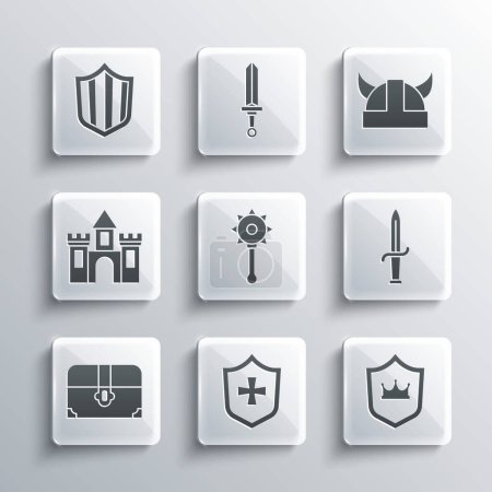 Set Shield, with crown, Dagger, Medieval chained mace ball, Antique treasure chest, Castle, fortress,  and Viking horned helmet icon. Vector