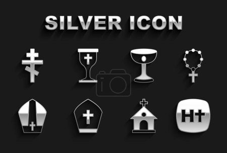 Set Pope hat, Rosary beads religion, Christian cross, Church building, chalice,  and  icon. Vector