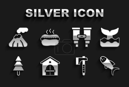 Set Farm house, Whale tail, Fish, Wooden axe, Tree, Binoculars, Volcano and Hotdog sandwich icon. Vector