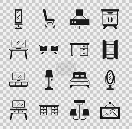 Set Bild, Spiegel, Kleiderschrank, Dunstabzugshaube, TV-Tisch, großer Ganzkörperspiegel und Büro-Schreibtisch-Symbol. Vektor