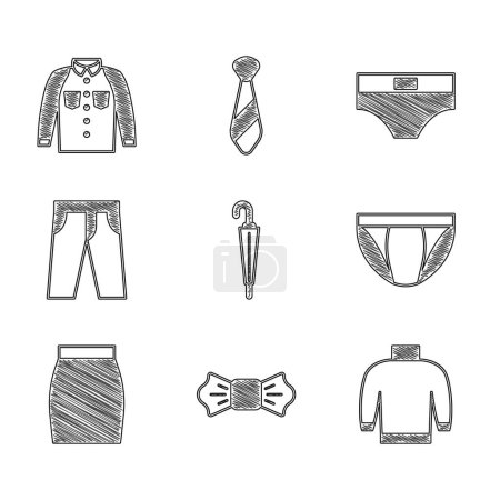 Set Umbrella, Bow tie, Sweater, Men underpants, Skirt, Pants,  and Shirt icon. Vector