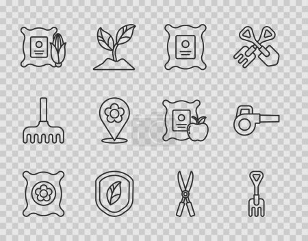 Set line Pack full of seeds of plant, Garden rake, Shield with leaf, Corn in the sack, Location flower, Gardening handmade scissors and Leaf garden blower icon. Vector
