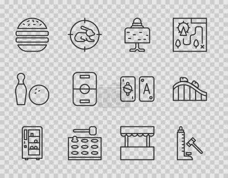 Set line Vending machine, Striker attraction with hammer, Magic ball table, Arcade game, Burger, Hockey, Ticket box office and Roller coaster icon. Vector