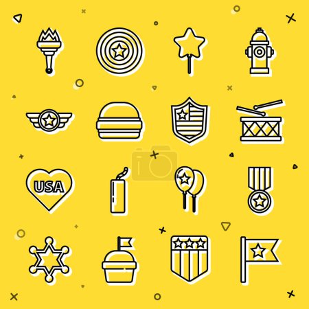 Set line American flag, Medal with star, Drum and drum sticks, Balloon, Burger, Star military, Torch flame and Shield stars icon. Vector
