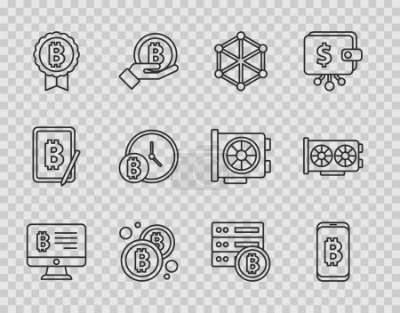 Establecer línea de minería bitcoin desde el monitor, móvil, tecnología Blockchain, Bitcoin, con reloj, Servidor y Video icono de la tarjeta gráfica. Vector