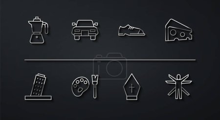 Set line Coffee moca pot, Tower in Pisa, Cheese, Pope hat, Paint brush with palette, Car, Vitruvian Man and Men shoes icon. Vector