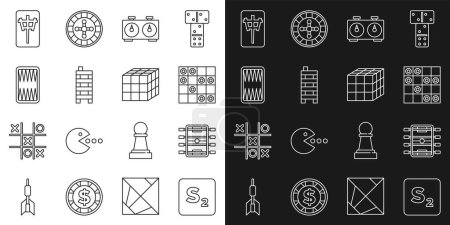 Set Line Bingo, Hockeytisch, Brettspiel mit Dame, Zeitschachuhr, Mahjong-Figuren, Backgammonbrett und Rubik-Würfel-Symbol. Vektor