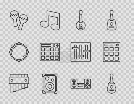 Illustration for Set line Pan flute, Guitar, Banjo, Stereo speaker, Maracas, Drum machine, Home stereo and  icon. Vector - Royalty Free Image